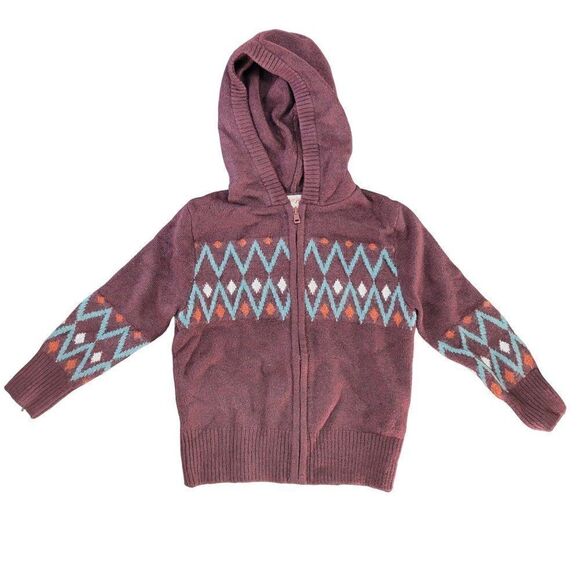 Cat & Jack Burgundy Fair Isle Hooded Full-Zip Cardigan Sweater Sz S - Picture 1 of 6